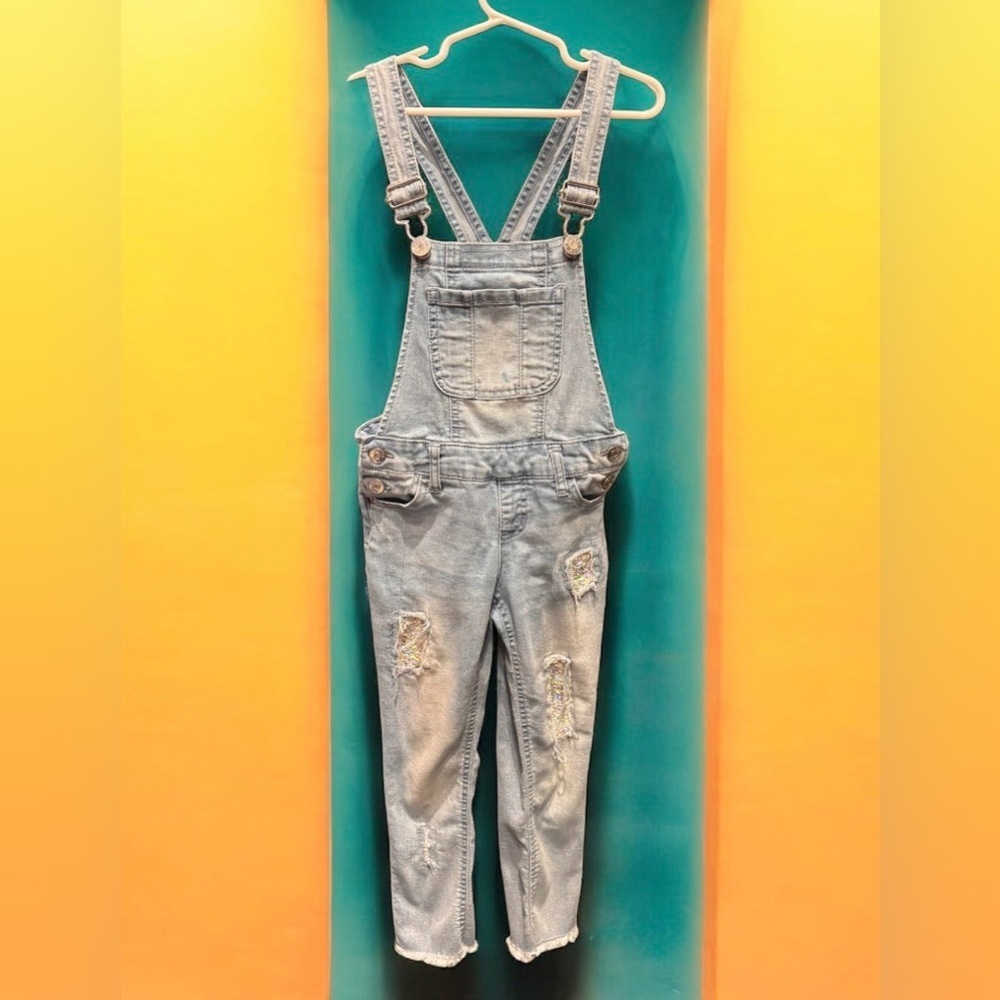 Light Blue Distressed Denim Overalls juniors size 7